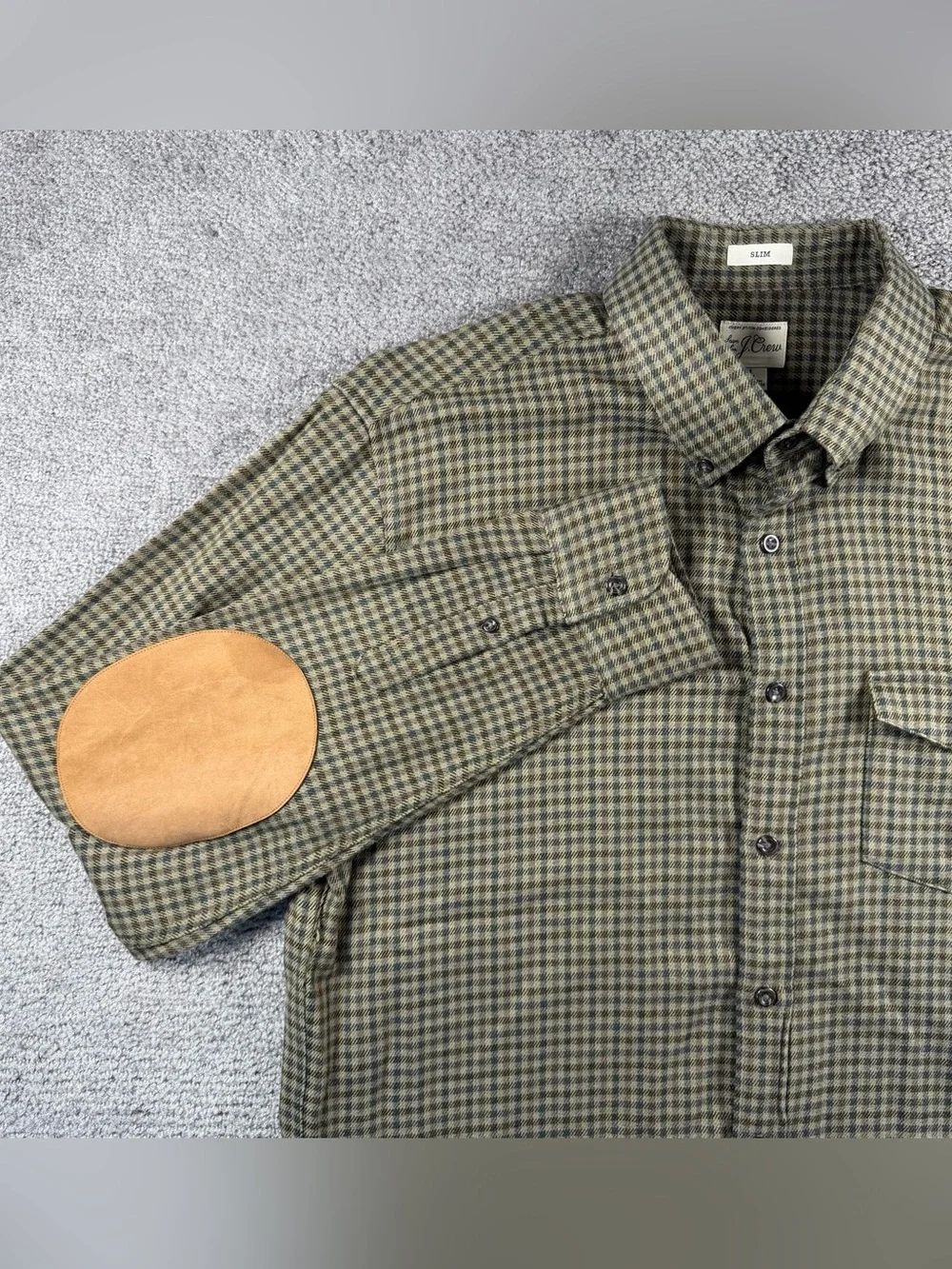 J Crew Houndstooth Flannel Shirt Mens Large Olive Green Plaid Elbow Patches Slim